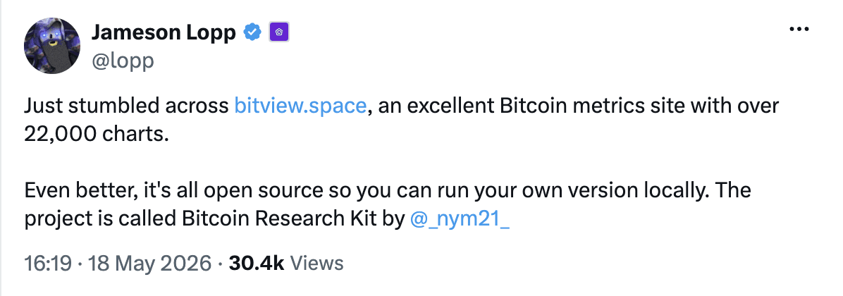 Jameson Lopp's post recommending Bitview and the Bitcoin Research Kit
